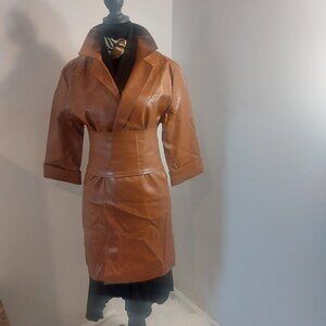 Hua Hua Belted Faux Leather Trench Jacket - Cognac Brown - NWT
